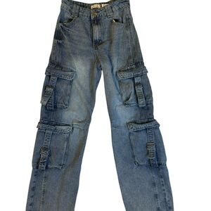 Women's Blue Wide Leg Cargo Jeans Size 3/4
